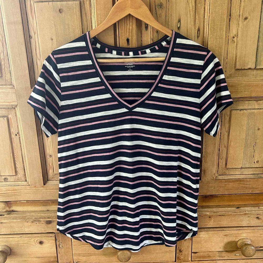 Abercrombie and Fitch Blue White Striped V-Neck T-Shirt Casual Womens Size Small